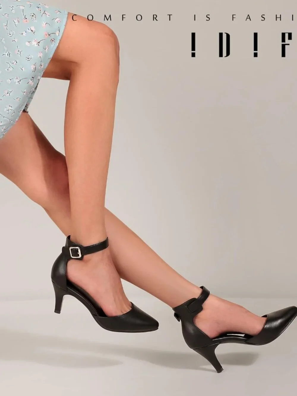 Women's Black Pu Pumps Low Kitten Heels Pointed Closed Toe Shoes Strap